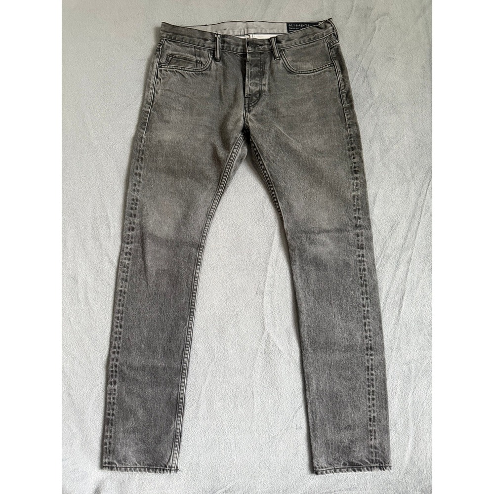 AllSaints Pistol Fit Jeans Mens 30 Black Fume Grey Faded Denim Button Fly ME012G